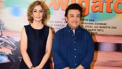 Singer Adnan Sami attended Zwigato screening with wife Roya. The film released in theatres to positive reviews on Friday. (Varinder Chawla) Singer Adnan Sami attended Zwigato screening with wife Roya. The film released in theatres to positive reviews on Friday. (Varinder Chawla) 