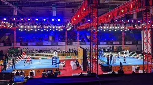 Ring A (right) and Ring B at the Indira Gandhi Sports Complex in New Delhi, where the IBA women's boxing world championship is being held. (HT Photo/Shivam Saha) Ring A (right) and Ring B at the Indira Gandhi Sports Complex in New Delhi, where the IBA women's boxing world championship is being held. (HT Photo/Shivam Saha)