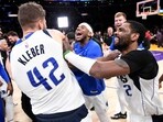 Kyrie Irving #2 of the Dallas Mavericks celebrates with Maxi Kleber #42 after he scored the game winning three-point basket against Anthony Davis #3 of the Los Angeles Lakers at the end of the game at Crypto.com Arena on March 17, 2023 in Los Angeles, California. Mavericks defeated the Lakers, 111-110. Kyrie Irving #2 of the Dallas Mavericks celebrates with Maxi Kleber #42 after he scored the game winning three-point basket against Anthony Davis #3 of the Los Angeles Lakers at the end of the game at Crypto.com Arena on March 17, 2023 in Los Angeles, California. Mavericks defeated the Lakers, 111-110.