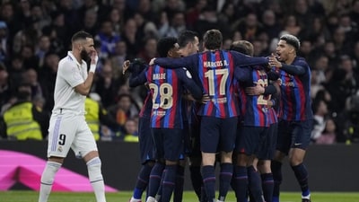 Barcelona players celebrate after Barcelona's Franck Kessie scores his side's opening goal during the Spanish Copa del Rey semi final (AP) Barcelona players celebrate after Barcelona's Franck Kessie scores his side's opening goal during the Spanish Copa del Rey semi final (AP)