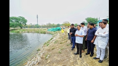 Chief minister Arvind Kejriwal at Pappankalan Lake on Saturday. (HT Photo)
