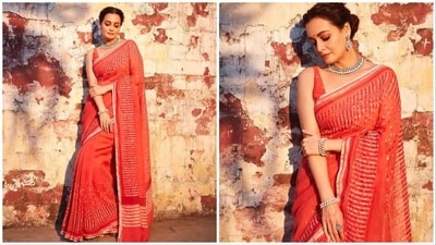 Dia Mirza loves sustainable wear and is often seen promoting handloom and handcrafted work of Indian artisans through her Instagram posts. In her latest set of photos, she can be seen flaunting her red handcrafted saree featuring boond and dabu block prints. (Instagram/@diamirzaofficial) Dia Mirza loves sustainable wear and is often seen promoting handloom and handcrafted work of Indian artisans through her Instagram posts. In her latest set of photos, she can be seen flaunting her red handcrafted saree featuring boond and dabu block prints. (Instagram/@diamirzaofficial)