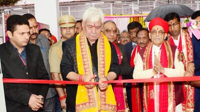 Jammu and Kashmir lieutenant governor Manoj Sinha inaugurating the Durga Bhawan near cave shrine of Vaishno Devi in Reasi on Saturday. (HT Photo) Jammu and Kashmir lieutenant governor Manoj Sinha inaugurating the Durga Bhawan near cave shrine of Vaishno Devi in Reasi on Saturday. (HT Photo)