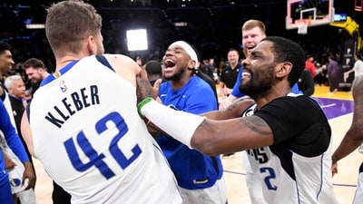 Kyrie Irving #2 of the Dallas Mavericks celebrates with Maxi Kleber #42 after he scored the game winning three-point basket against Anthony Davis #3 of the Los Angeles Lakers at the end of the game at Crypto.com Arena on March 17, 2023 in Los Angeles, California. Mavericks defeated the Lakers, 111-110. (Getty Images via AFP) Kyrie Irving #2 of the Dallas Mavericks celebrates with Maxi Kleber #42 after he scored the game winning three-point basket against Anthony Davis #3 of the Los Angeles Lakers at the end of the game at Crypto.com Arena on March 17, 2023 in Los Angeles, California. Mavericks defeated the Lakers, 111-110. (Getty Images via AFP)