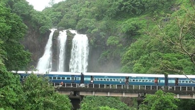 Ministry of Railways share video of train passing by Ranpat waterfall. (Twitter/@RailMinIndia) Ministry of Railways share video of train passing by Ranpat waterfall. (Twitter/@RailMinIndia)