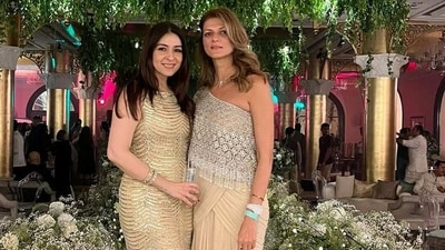 Bhavana Panday changed into a golden dress for the wedding party, and posed with designer Nandita Mahtani in a picture from the bash. Bhavana Panday changed into a golden dress for the wedding party, and posed with designer Nandita Mahtani in a picture from the bash.