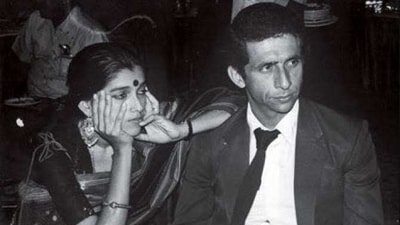 An old black and white photograph of Ratna Pathak Shah and Naseeruddin Shah.