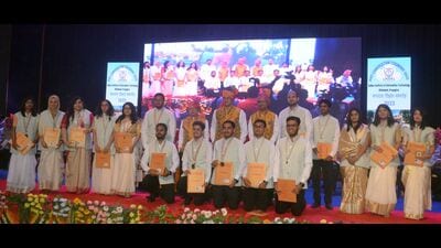 The medal winners posing with others at IIIT-A in Prayagraj on Saturday. (HT PHOTO) The medal winners posing with others at IIIT-A in Prayagraj on Saturday. (HT PHOTO)