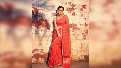 Explaining the work on her saree, Dia Mirza captioned her post, "“Boond being an integral part of prints and pattern of dabu block prints. This is a new interpretation of the circle as a motif seen in flowers, stars, rain drops, grains and many other daily life objects. These little circles come together to form one of a kind pattern in Red, peach & ivory colors. The technique is double dabu.”" (Instagram/@diamirzaofficial) Explaining the work on her saree, Dia Mirza captioned her post, "“Boond being an integral part of prints and pattern of dabu block prints. This is a new interpretation of the circle as a motif seen in flowers, stars, rain drops, grains and many other daily life objects. These little circles come together to form one of a kind pattern in Red, peach & ivory colors. The technique is double dabu.”" (Instagram/@diamirzaofficial)
