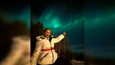 Rakul Preet smiles away to glory pointing towards the northern lights. (Instagram/@rakulpreet) Rakul Preet smiles away to glory pointing towards the northern lights. (Instagram/@rakulpreet)