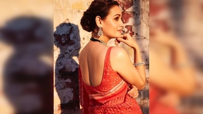 Dia Mirza paired her saree with a matching sleeveless blouse with thin straps, a plunging neckline and backless hemline. (Instagram/@diamirzaofficial) Dia Mirza paired her saree with a matching sleeveless blouse with thin straps, a plunging neckline and backless hemline. (Instagram/@diamirzaofficial)