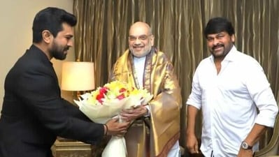 Ram Charan and his father Chiranjeevi met Home Minister Amit Shah in Delhi. Ram Charan and his father Chiranjeevi met Home Minister Amit Shah in Delhi.