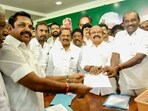 AIADMK leader Edappadi K Palaniswami (EPS) files his nomination papers for party's General Secretary election, at party headquarters, in Chennai, Saturday. AIADMK leader Edappadi K Palaniswami (EPS) files his nomination papers for party's General Secretary election, at party headquarters, in Chennai, Saturday.