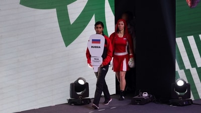 Russian boxer Anna Aedma arrives for her match against Monique Suraci of Australia in the Round of 32 of the elite women 50-52kg fly weight category at the Women's World Boxing Championships at Indira Gandhi Indoor stadium in New Delhi, India, March 16, 2023. REUTERS/Anushree Fadnavis (REUTERS)