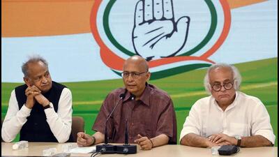 Congress leaders Ashok Gehlot , Abhishek Singhvi and Jairam Ramesh addressed a press conference at the party headquarters in New Delhi on Sunday. (ANI Photo) Congress leaders Ashok Gehlot , Abhishek Singhvi and Jairam Ramesh addressed a press conference at the party headquarters in New Delhi on Sunday. (ANI Photo)