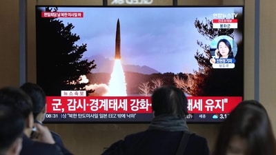 A TV screen shows a file image of North Korea's missile launch during a news program at the Seoul Railway Station in Seoul, South Korea, (AP File)