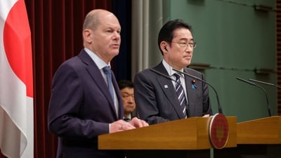 Germany Chancellor Olaf Scholz and Japan Prime Minister Fumio Kishida attend a presser. (Reuters)