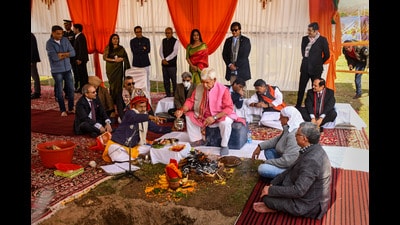 Jammu and Kashmir Lt Governor Manoj Sinha performs 'bhoomi pujan' during foundation stone laying of mall by Dubai's Emaar Group, at Sempora on the outskirts of Srinagar on Sunday. (PTI) Jammu and Kashmir Lt Governor Manoj Sinha performs 'bhoomi pujan' during foundation stone laying of mall by Dubai's Emaar Group, at Sempora on the outskirts of Srinagar on Sunday. (PTI)