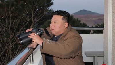 Kim Jong Un watches what it says is an intercontinental ballistic missile the country test-launched at the Sunan international airport in Pyongyang, North Korea, Thursday. (AP)