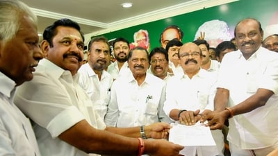 AIADMK leader Edappadi K Palaniswami (EPS) files his nomination papers for party's General Secretary election, at party headquarters, in Chennai, Saturday. (PTI) AIADMK leader Edappadi K Palaniswami (EPS) files his nomination papers for party's General Secretary election, at party headquarters, in Chennai, Saturday. (PTI)