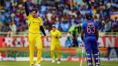 Mitchell Starc celebrates the wicket of Indian batter Suryakumar Yadav (PTI) Mitchell Starc celebrates the wicket of Indian batter Suryakumar Yadav (PTI)