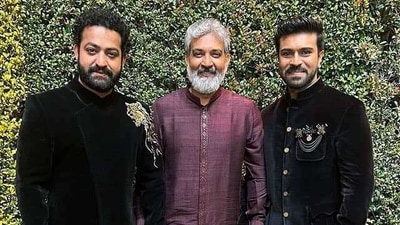 SS Rajamouli with the stars of RRR, Jr NTR and Ram Charan, at the 95th Academy Awards in Los Angeles. SS Rajamouli with the stars of RRR, Jr NTR and Ram Charan, at the 95th Academy Awards in Los Angeles.