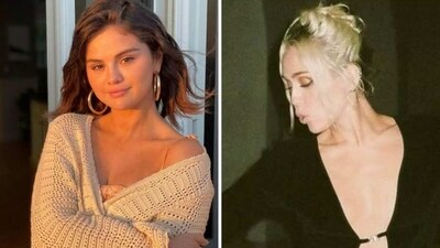 Selena Gomez receives present from Miley Cyrus. Selena Gomez receives present from Miley Cyrus.
