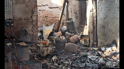 The fire-ravaged police malkhana at new court complex in Ludhiana on Sunday. (Gurpreet Singh/HT) The fire-ravaged police malkhana at new court complex in Ludhiana on Sunday. (Gurpreet Singh/HT)