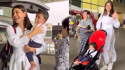Actor Kajal Aggarwal with son Neil at Mumbai airport. (Viral Bhayani) (Viral Bhayani) Actor Kajal Aggarwal with son Neil at Mumbai airport. (Viral Bhayani) (Viral Bhayani)