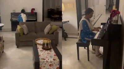 The image shows Mahua Moitra’s mom playing Que Sera Sera on piano. (Twitter/@MahuaMoitra)