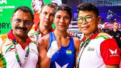 Nikhat Zareen poses for a photo after her bout against Algeria's Boualam Roumaysa (BFI) Nikhat Zareen poses for a photo after her bout against Algeria's Boualam Roumaysa (BFI)