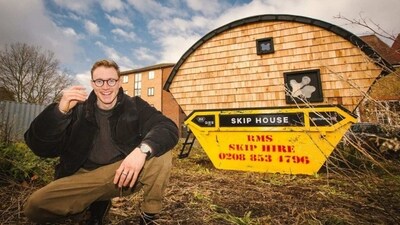 Harrison Marshall posing with his tiny new home. (Instagram/@theskiphouse) Harrison Marshall posing with his tiny new home. (Instagram/@theskiphouse)