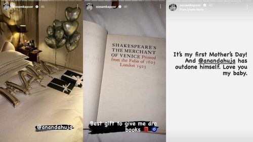 Sonam Kapoor took to Instagram Stories to share photos of Anand Ahuja's Mother's Day surprise for her. Sonam Kapoor took to Instagram Stories to share photos of Anand Ahuja's Mother's Day surprise for her.