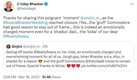 Swara Bhasker's dad reacted to the video of her vidai. Swara Bhasker's dad reacted to the video of her vidai.