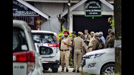 Dibrugarh Central Jail where Punjab Police brought 4 associates of 'Waris Punjab De' founder Amritpal Singh, in Dibrugarh on Sunday. (PTI Photo)