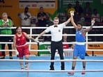 New Delhi, India - March 20, 2023: India's Lovlina Borgohain reacts after the declared winner during her (75kg) Round of 16 match against Mexico's Vanessa Ortiz at 2023 IBA Women's Boxing World Championships, in New Delhi, India, on Monday, March 20, 2023. (Photo by Sanjeev Verma/ Hindustan Times) New Delhi, India - March 20, 2023: India's Lovlina Borgohain reacts after the declared winner during her (75kg) Round of 16 match against Mexico's Vanessa Ortiz at 2023 IBA Women's Boxing World Championships, in New Delhi, India, on Monday, March 20, 2023. (Photo by Sanjeev Verma/ Hindustan Times)