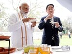 Japanese PM Fumio Kishida trying ‘gol-gappe’ with PM Modi in New Delhi on Monday. Japanese PM Fumio Kishida trying ‘gol-gappe’ with PM Modi in New Delhi on Monday.
