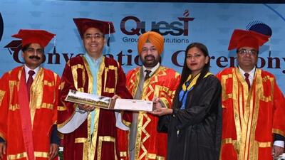 A student receiving her degree during the convocation ceremony at Quest Group of Institutions in Jhanjeri. (HT Photo)