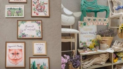 Several photo frames featuring different animals hung on the wall. Baskets with flowers and chairs were also seen in a few photos. Several photo frames featuring different animals hung on the wall. Baskets with flowers and chairs were also seen in a few photos.