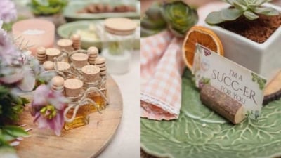 Alanna Panday also shared close-up pictures of the decor. A few bottles were filled with honey and kept on a wooden plate. Small potted plants were also seen on a green plate. (Instagram/Alanna Panday) Alanna Panday also shared close-up pictures of the decor. A few bottles were filled with honey and kept on a wooden plate. Small potted plants were also seen on a green plate. (Instagram/Alanna Panday)
