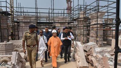 Chief minister Yogi Adityanath during his visit to inspect the construction work at the Ram Janmabhoomi complex, in Ayodhya on Sunday. (PTI PHOTO) Chief minister Yogi Adityanath during his visit to inspect the construction work at the Ram Janmabhoomi complex, in Ayodhya on Sunday. (PTI PHOTO)