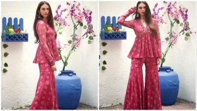 Aditi Rao Hydari's embroidered gharara set is a creation of designer Ridhi Mehra. (Instgaram/@aditiraohydari) Aditi Rao Hydari's embroidered gharara set is a creation of designer Ridhi Mehra. (Instgaram/@aditiraohydari)