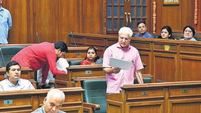 Delhi finance minister Kailash Gahlot speaks during the Budget Session of the Delhi assembly on Monday. (ANI) Delhi finance minister Kailash Gahlot speaks during the Budget Session of the Delhi assembly on Monday. (ANI)