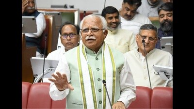 Haryana chief minister Manohar Lal Khattar speaking in Vidhan Sabha in Chandigarh on Monday. (HT Photo) Haryana chief minister Manohar Lal Khattar speaking in Vidhan Sabha in Chandigarh on Monday. (HT Photo)