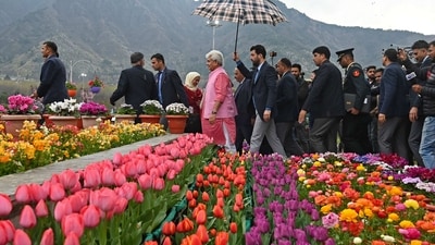 Jammu and Kashmir Lieutenant Governor Manoj Sinha at the opening ceremony said that the tulips will bloom in the garden this year. (AFP) Jammu and Kashmir Lieutenant Governor Manoj Sinha at the opening ceremony said that the tulips will bloom in the garden this year. (AFP)