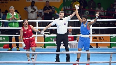 New Delhi, India - March 20, 2023: India's Lovlina Borgohain reacts after the declared winner during her (75kg) Round of 16 match against Mexico's Vanessa Ortiz at 2023 IBA Women's Boxing World Championships, in New Delhi, India, on Monday, March 20, 2023.  (Photo by Sanjeev Verma/ Hindustan Times) (Hindustan Times)