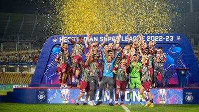 ATK Mohun Bagan players celebrate after winning the final match of the Indian Super League 2022 (PTI) ATK Mohun Bagan players celebrate after winning the final match of the Indian Super League 2022 (PTI)