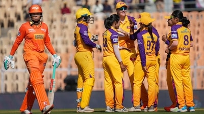 UP Warriorz bowler Anjali Sarvani with teammates celebrates the wicket of Gujarat Giants player Laura Wolvaardt (PTI)