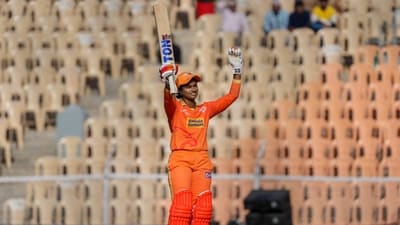 Gujarat Giants player Dayalan Hemalatha celebrates her half century during the Women's Premier League match against UP Warriorz (PTI)