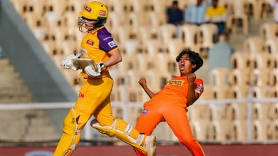 Gujarat Giants bowler Monica Patel celebrates the wicket of UP Warriors player Alyssa Healy during the Women's Premier League match (PTI)